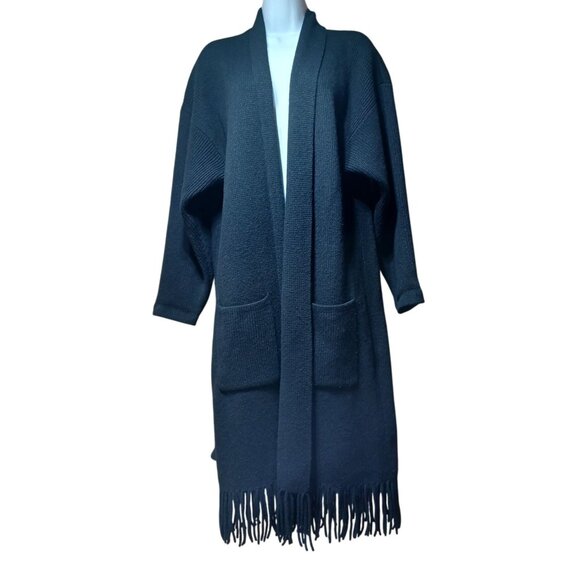 VTG 95 Side Effects Wool Angora Long Cardigan Womens M Black Fringe Hem Witchy - Picture 2 of 7